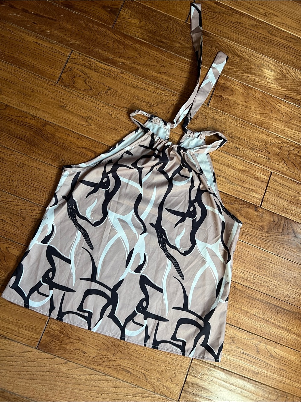 Abstract Print Tie-Neck Camisole in Taupe, Black & Light Blue